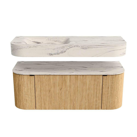 MONDIAZ THOR-DLUX 120cm meuble de salle de bains arrondi gauche + droite couleur Oak avec 1 tiroir et 2 portes. Vasque suspendue CLOUD Gauche sans trou de robinet couleur Nata. SW1463322