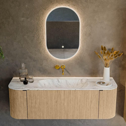 MONDIAZ KURVE-DLUX Meuble de salle de bains 140 cm avec module 25 Len R couleur Chêne avec 1 tiroir et 2 portes. Lavabo BIG SMALL central sans trou de robinetterie couleur Glace. SW1137937
