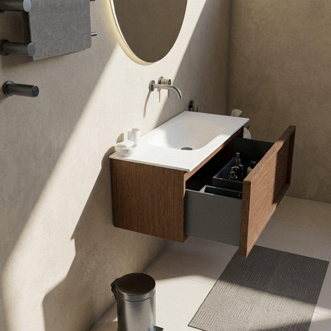 Saniclass Holz Frame Badkamermeubelset - 100x45x41.5cm - Flow solid surface wastafel wit - 1 wasbak - zonder kraangat - 1 lade - mat walnut pure (hout) SW1478397