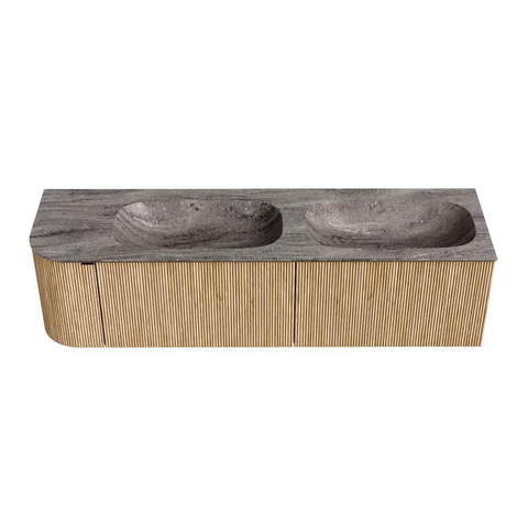 MONDIAZ KURVE-DLUX Meuble de salle de bains 165cm arrondi à gauche couleur Chêne avec 2 tiroirs et 1 porte. Lavabo STOR SMALL Double / Droite 2 trous de robinet Oza. SW1432679