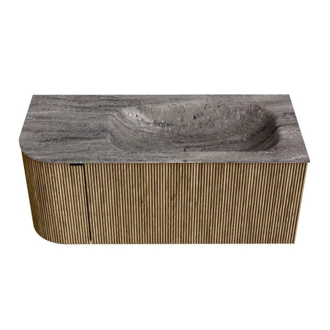 MONDIAZ KURVE-DLUX Meuble de salle de bains 105cm arrondi à gauche couleur Dusk avec 1 tiroir et 1 porte. Plan-vasque BIG SMALL à droite 1 trou de robinet Oza. SW1432970