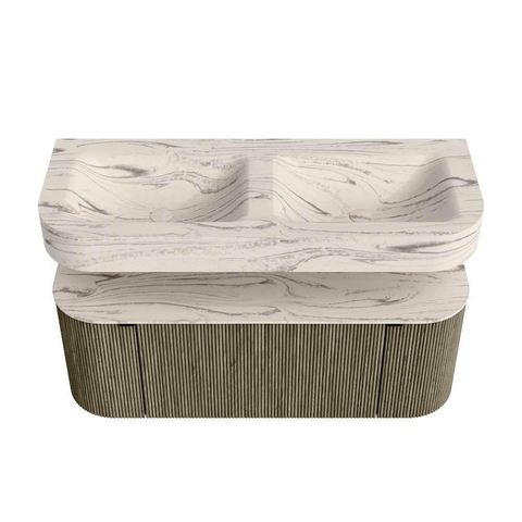 MONDIAZ THOR-DLUX Meuble de salle de bains 120cm arrondi gauche + droite couleur Shadow avec 1 tiroir et 2 portes. Vasque suspendue CLOUD Double sans trou de robinet couleur Nata. SW1463389