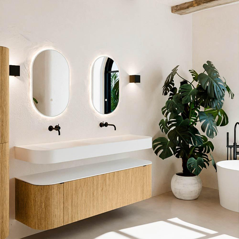 MONDIAZ THOR Meuble de salle de bains 160cm arrondi gauche + droite couleur Oak avec 1 tiroir et 2 portes. Vasque suspendue CLOUD Double sans trou de robinet couleur Talc. SW1412221
