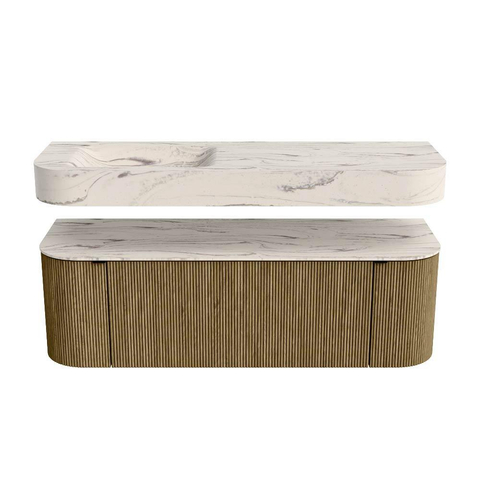 MONDIAZ THOR-DLUX 140cm meuble de salle de bains arrondi gauche + droite couleur Dusk avec 1 tiroir et 2 portes. Vasque suspendue CLOUD Gauche 1 trou de robinet couleur Nata. SW1464476