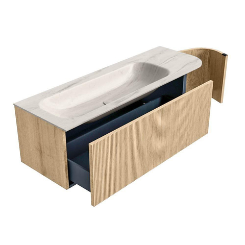 MONDIAZ KURVE-DLUX Meuble de salle de bains 135cm arrondi Droite couleur Chêne avec 1 tiroir et 1 porte. Lavabo BIG MEDIUM Gauche 1 trou de robinet Meli. SW1431606
