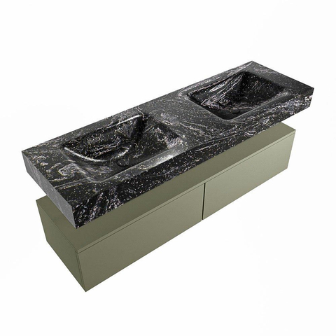 Mondiaz ALAN-DLUX Ensemble de meuble - 150cm - meuble Army mat - 2 tiroirs - Lavabo Cloud Lava suspendu - vasque Gauche et droite - 2 trous de robinet SW808410