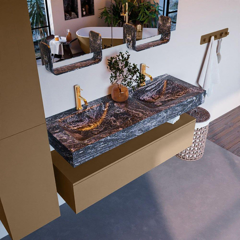 Mondiaz ALAN-DLUX Ensemble de meuble - 130cm - meuble Oro mat - 1 tiroir - Lavabo Cloud Lava suspendu - vasque Gauche et droite - 2 trous de robinet SW808428