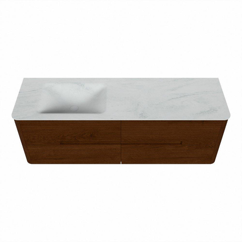 Mondiaz CIRO-DLUX Ensemble de meubles de salle de bains - 150x45x50cm - plan-vasque solid surface Opalo - 1 vasque à gauche - sans trous de robinet - 4 tiroirs - Ruby SW1531506