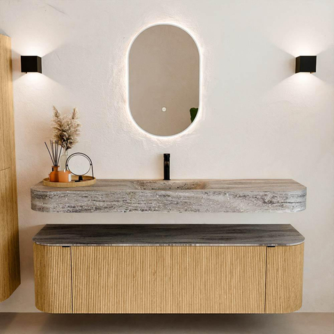 MONDIAZ THOR-DLUX 160cm meuble de salle de bains arrondi gauche + droite couleur Oak avec 1 tiroir et 2 portes. Vasque suspendue CLOUD Milieu 1 trou de robinet couleur Oza. SW1465324