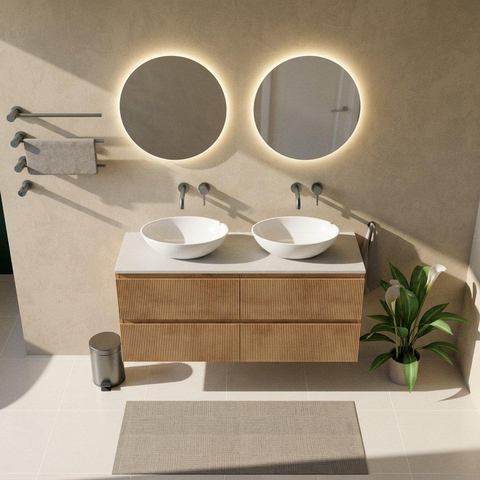Saniclass Holz Atelier Badkamermeubelset - 140x45x62.5cm - Torino solid surface topblad wit - zonder kraangat - 4 lades - mat eiken natural (hout) SW1478718