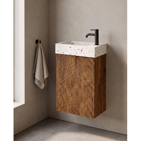 Saniclass Holz Atelier Ensemble meuble WC - 40x60.5cm - 1 porte - lave-mains terrazzo - trou de robinet à droite - walnut pure SW1577777