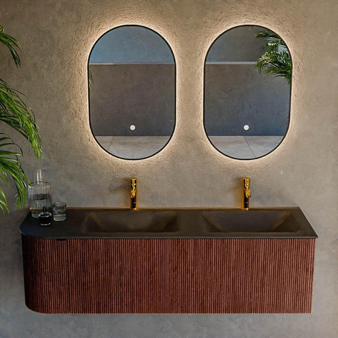 Mondiaz KURVE Ensemble de meubles de salle de bains - 145x46x40cm - 1 tiroir - 1 porte - vasque solid surface - double / droite - 2 trous de robinet - Ruby SW1415368