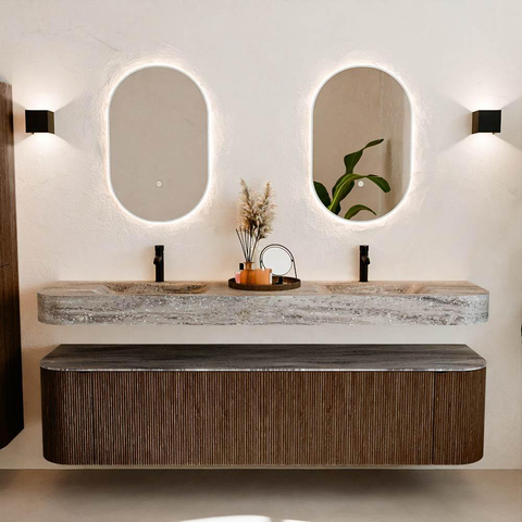 MONDIAZ THOR-DLUX 190cm meuble de salle de bains arrondi gauche + droite couleur Walnut avec 2 tiroirs et 2 portes. Vasque suspendue CLOUD Double 2 trous de robinet couleur Oza. SW1466821