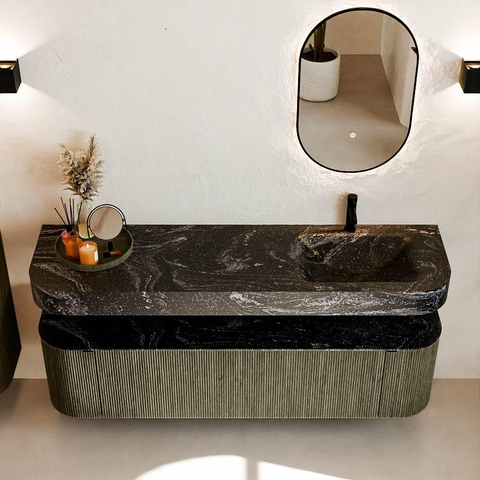 MONDIAZ THOR-DLUX 170cm meuble de salle de bains arrondi gauche + droite couleur Shadow avec 1 tiroir et 2 portes. Vasque suspendue CLOUD Droite 1 trou de robinet couleur Lava. SW1465535