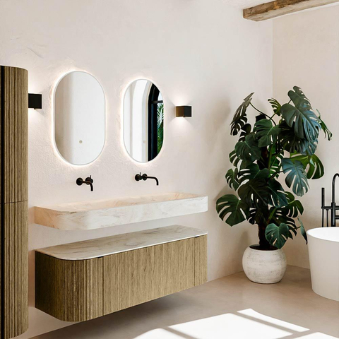 MONDIAZ THOR-DLUX 140cm meuble de salle de bains arrondi gauche + droite couleur Dusk avec 1 tiroir et 2 portes. Vasque suspendue CLOUD Double sans trou de robinet couleur Ostra. SW1467664