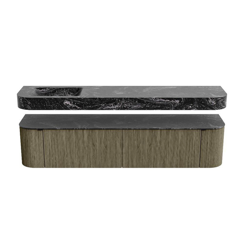 MONDIAZ THOR-DLUX 200cm meuble de salle de bains arrondi gauche + droite couleur Shadow avec 2 tiroirs et 2 portes. Vasque suspendue CLOUD Gauche 1 trou de robinet couleur Lava. SW1467042