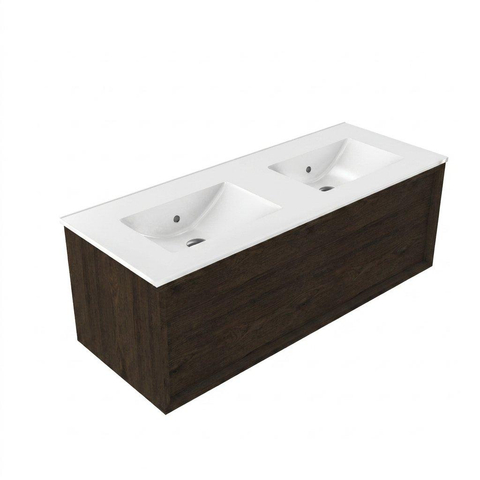 Saniclass Holz Frame Ensemble de meubles de salle de bains - 120x45x42cm - lavabo Vygo en céramique blanc - 2 vasques - 2 trous de robinetterie - 1 tiroir - chêne charcoal mat (bois) SW1441846