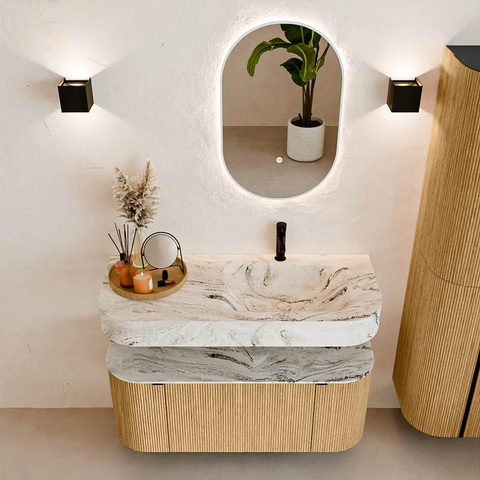 MONDIAZ THOR-DLUX Meuble de salle de bains 110cm arrondi gauche + droite couleur Oak avec 1 tiroir et 2 portes. Vasque suspendue CLOUD Droite 1 trou de robinet couleur Glace. SW1462739
