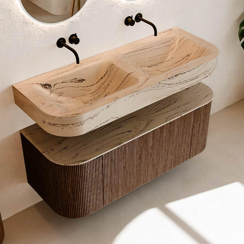 MONDIAZ THOR-DLUX 120cm meuble de salle de bains arrondi gauche + droite couleur Walnut avec 1 tiroir et 2 portes. Vasque suspendue CLOUD Double sans trou de robinet couleur Arena. SW1463446