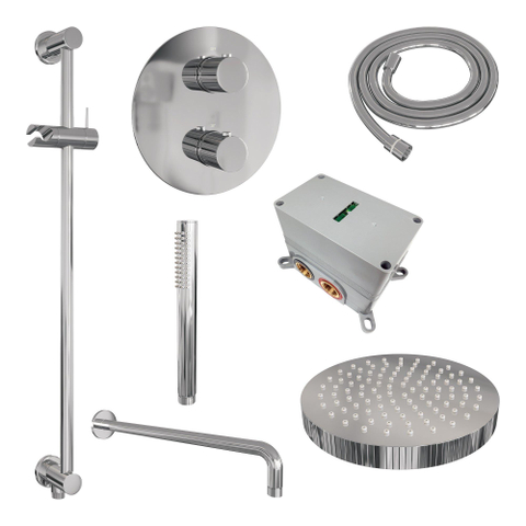 BRAUER Stripe Douche de pluie thermostatique encastrée - 3 voies - ronde - SET 44 - pomme de douche 25cm - bras mural courbé - douchette à main sur barre - flexible de douche - barre coulissante intégrée - chrome SW1434780