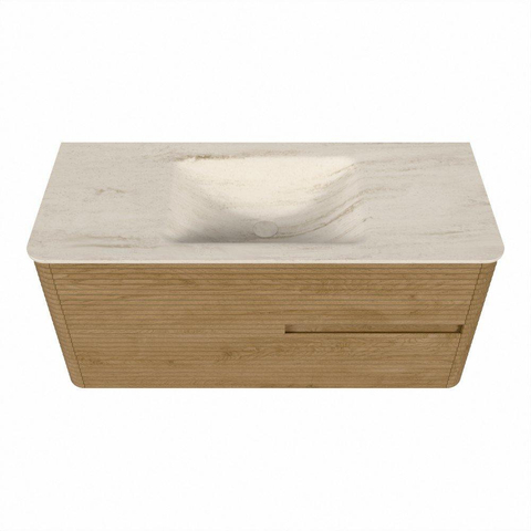 Mondiaz CIRO-DLUX Badkamermeubelset - 110x45x50cm - Solid surface wastafel Meli - 1 wasbak Midden - zonder kraangaten - 2 lades - Oak SW1531386