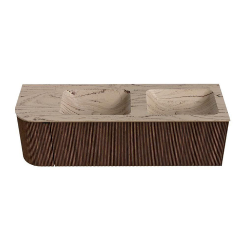 MONDIAZ KURVE-DLUX Meuble de salle de bains 145cm courbure gauche couleur Walnut avec 1 tiroir et 1 porte. Lavabo LEAF Double / Droite 2 trous de robinet Arena. SW1431230