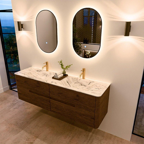Mondiaz CIRO-DLUX Badkamermeubelset - 160x45x50cm - Solid surface wastafel Glace - 2 wasbak Dubbel - 2 kraangaten - 4 lades - Dusk SW1532996