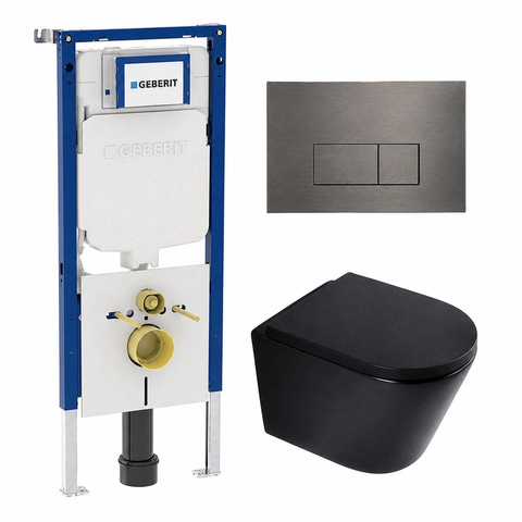 QeramiQ Dely Toiletset - 36.3x51.7cm - diepspoel - rimless - Geberit UP720 inbouwreservoir - softclose toilet zitting - 35mm - gunmetal bedieningsplaat - rechthoekige knoppen - mat zwart SW1427983