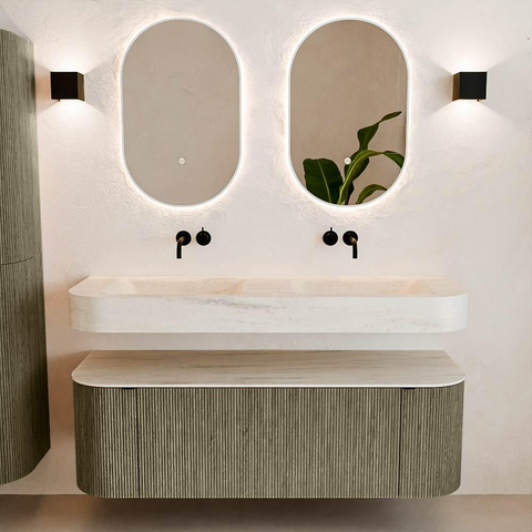 MONDIAZ THOR-DLUX 140cm meuble de salle de bains arrondi gauche + droite couleur Shadow avec 1 tiroir et 2 portes. Vasque suspendue CLOUD Double sans trou de robinet couleur Meli. SW1464406