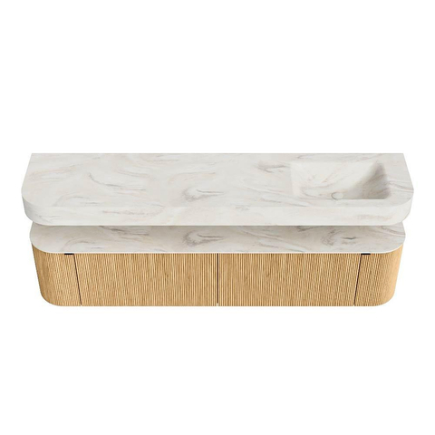MONDIAZ THOR-DLUX 200cm badmeubel ronding links + rechts kleur Oak met 2 lades en 2 deuren. Vrijhangende wastafel CLOUD Rechts 1 kraangat kleur Ostra. SW1466964