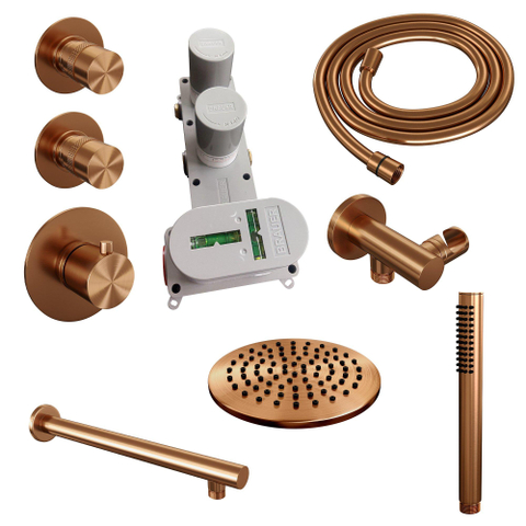 Brauer Copper Edition Ensemble de douche pluie encastré - douche principale 20cm - 3 boutons lisses - bras mural droit - douchette à main 1 fonction - PVD - cuivre brossé SW374500
