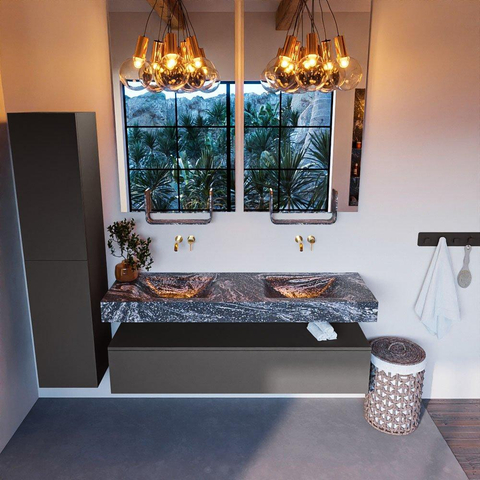 Mondiaz ALAN-DLUX Ensemble de meuble - 150cm - meuble Dark grey mat - 1 tiroir - Lavabo Cloud Lava suspendu - vasque Gauche et droite - 0 trous de robinet SW807882