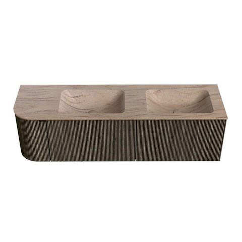 MONDIAZ KURVE-DLUX Meuble de salle de bains 155cm arrondi à gauche couleur Shadow avec 2 tiroirs et 1 porte. Lavabo LEAF Double / Droite 2 trous de robinet Saba. SW1433288