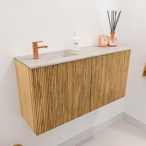 Mondiaz JOYA-DLUX 80cm toiletmeubel - kleur Oak - Wastafel FAYE positie Links 1 kraangat kleur Ostra. SW1422257