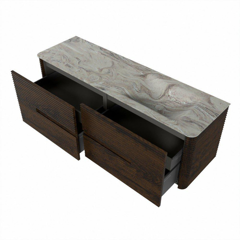 Mondiaz CIRO-DLUX Ensemble de meubles de salle de bains - 150x45x50cm - Plan vasque solid surface Glace - 1 lavabo à droite - sans trous de robinet - 4 tiroirs - Noyer SW1530272