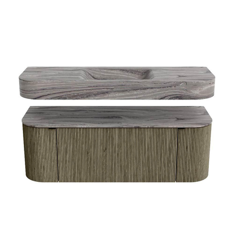 MONDIAZ THOR-DLUX 130cm meuble de salle de bains arrondi gauche + droite couleur Shadow avec 1 tiroir et 2 portes. Vasque suspendue CLOUD Milieu sans trou de robinet couleur Sombra. SW1463888
