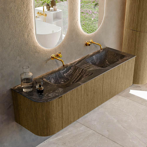 Mondiaz KURVE-DLUX Ensemble de meuble de salle de bains - 155x46x40cm - 2 tiroirs - 1 porte - lavabo solid surface - double / droit - sans trou de robinet - Dusk SW1415551