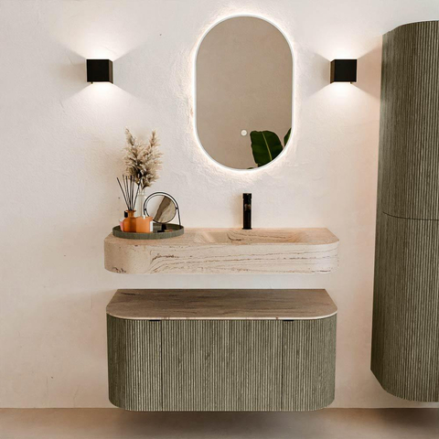 MONDIAZ THOR-DLUX 100cm meuble de salle de bains arrondi gauche + droite couleur Shadow avec 1 tiroir et 2 portes. Vasque suspendue CLOUD Droite 1 trou de robinet couleur Arena. SW1467467