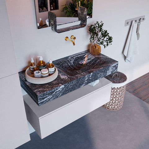 Mondiaz ALAN-DLUX Ensemble de meuble - 100cm - meuble Cale mat - 1 tiroir - Lavabo Cloud Lava suspendu - vasque Droite - 0 trous de robinet SW808289