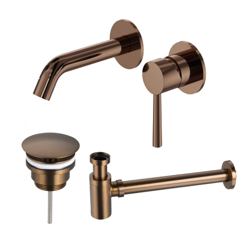Fortifura Calvi Slim Wastafelkraanset - inbouw wastafelkraan - always open plug - verlaagde design - sifon - PVD - geborsteld koper SW1079956