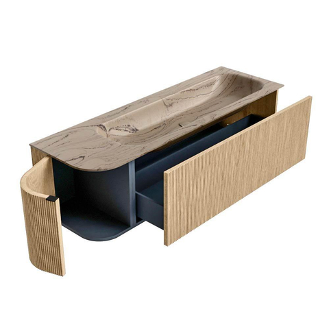 MONDIAZ KURVE-DLUX Meuble de salle de bains 145cm arrondi à gauche couleur Oak avec 1 tiroir et 1 porte. Lavabo BIG LARGE à droite 2 trous de robinet Arena. SW1431137