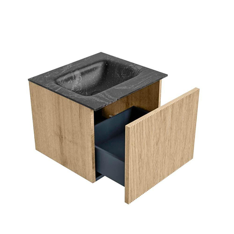 MONDIAZ KURVE-DLUX Meuble de salle de bains 50 cm couleur Oak avec 1 tiroir. Lavabo GRUNNE central sans trou de robinet couleur Lava. SW1138082