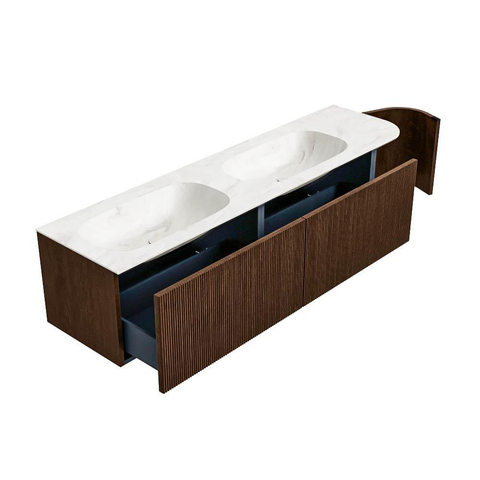 MONDIAZ KURVE-DLUX Meuble de salle de bains 175 cm avec module 25 R couleur Walnut avec 2 tiroirs et 1 porte. Lavabo STOR SMALL double / gauche sans trou de robinet couleur Ostra. SW1137896