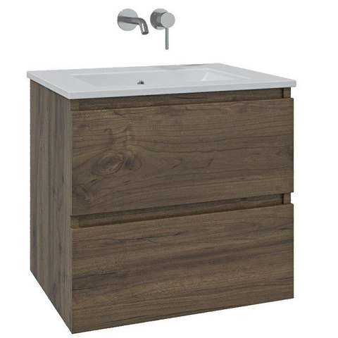 Saniclass Chaci Meuble de salle de bain - 60x46x55cm - lavabo en céramique blanc - 1 vasque - sans trou de robinet - 2 tiroirs - armoire miroir - noyer (hout) SW856541