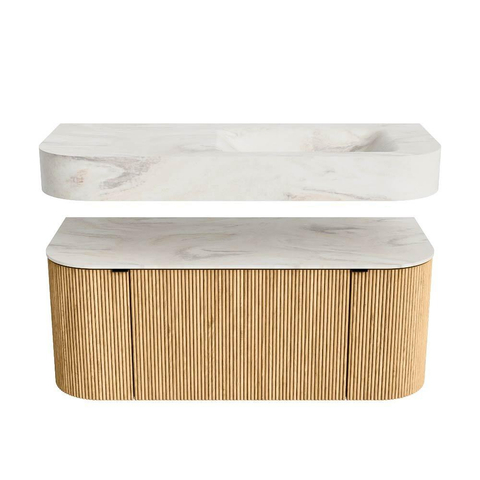 MONDIAZ THOR-DLUX 110cm meuble de salle de bains arrondi gauche + droite couleur Oak avec 1 tiroir et 2 portes. Vasque suspendue CLOUD Droite 1 trou de robinet couleur Ostra. SW1462749