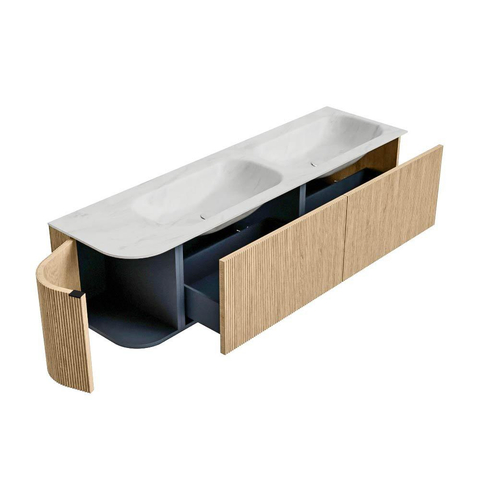 MONDIAZ KURVE-DLUX 165cm badmeubel met module 25 L kleur Oak met 2 lades en 1 deur. Wastafel STOR SMALL dubbel / rechts 2 kraangaten kleur Opalo. SW1137571