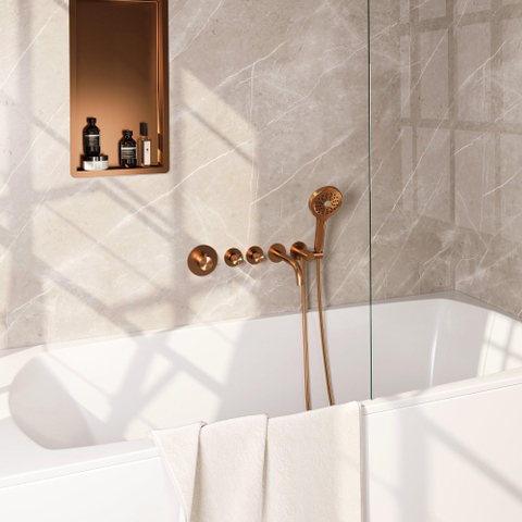 Robinet de baignoire encastré Brauer Copper Edition - ensemble de douche - sortie de 20 cm - avec partie encastrable - 3 boutons lisses - douchette ronde 3 positions - PVD - cuivre brossé SW374501