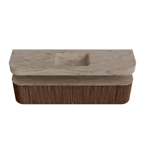MONDIAZ THOR-DLUX 180cm meuble de salle de bains arrondi gauche + droite couleur Walnut avec 2 tiroirs et 2 portes. Vasque suspendue CLOUD Milieu 1 trou de robinet couleur Arena. SW1466134