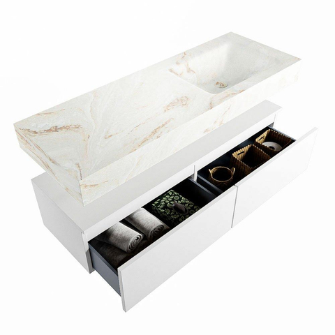 Mondiaz ALAN-DLUX Ensemble de meuble - 130cm - meuble Talc mat - 2 tiroirs - Lavabo Cloud Frappe suspendu - vasque Droite - 0 trous de robinet SW805056