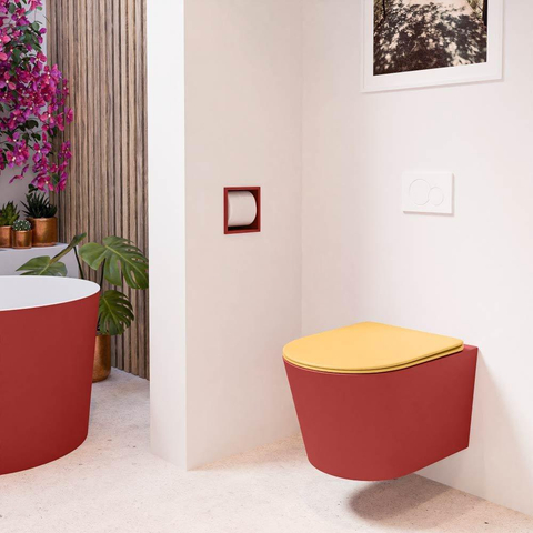 Mondiaz LAVIE hangtoilet – spoelrandloos – 36 x 53 cm – met softclose zitting – Fire (rood), zitting Ocher (geel) SW1208663